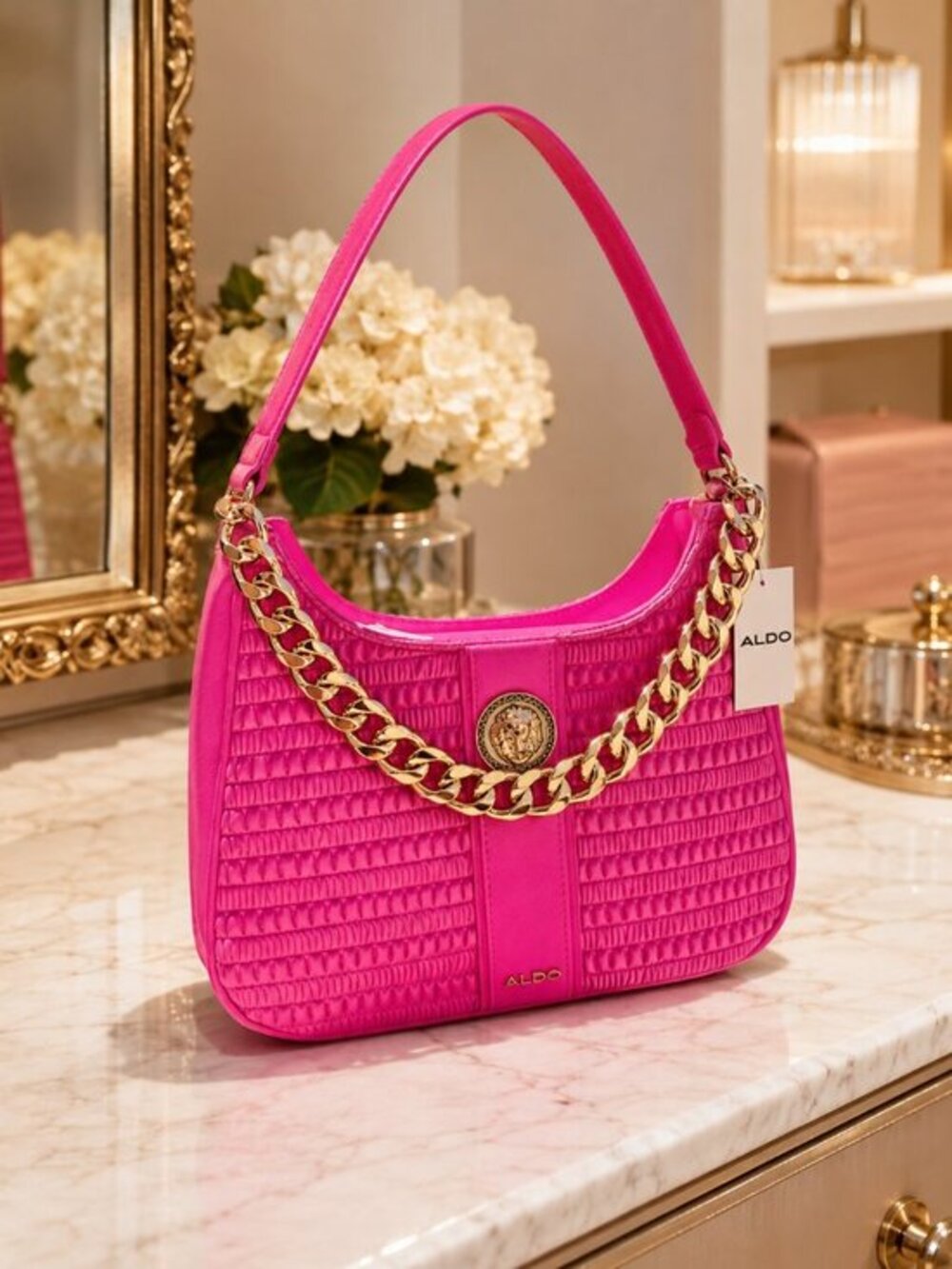 ALDO Pink Shoulder Bag Gold Chain Strap Zip Top NWT
